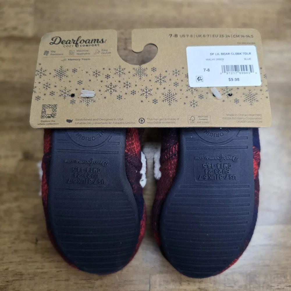Dearfoams Lil Bear Slippers Toddler 7/8 Red Navy Buffalo Plaid Memory Foam NEW